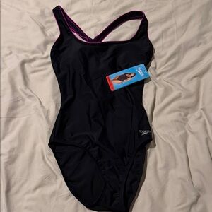 Speedo Women's Black and Purple One-Piece Swimsuit